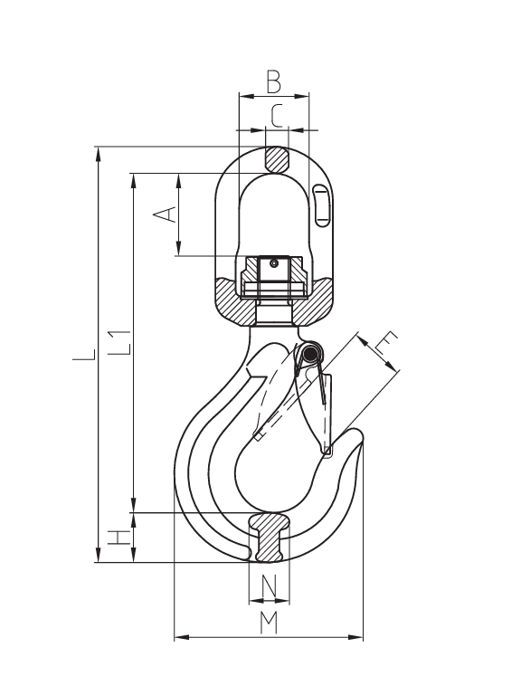Grade 80 Swivel Sling Hook with Ball Bearing Dimensions Diagram