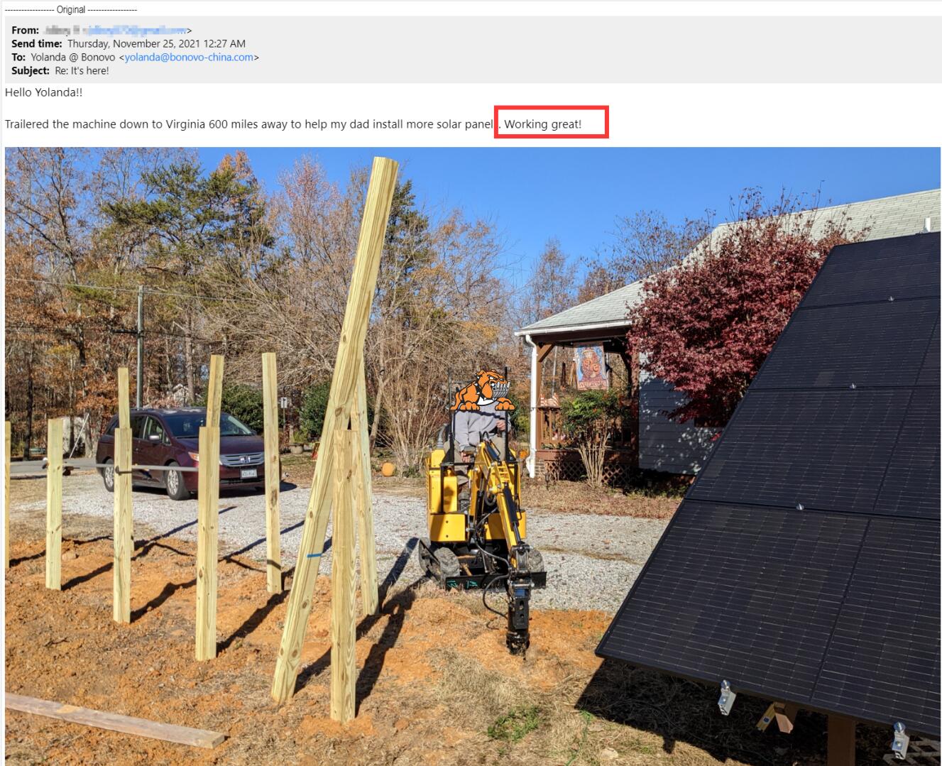 Feedback from a customer in Canada regarding the DIG-DOG 1 ton excavator