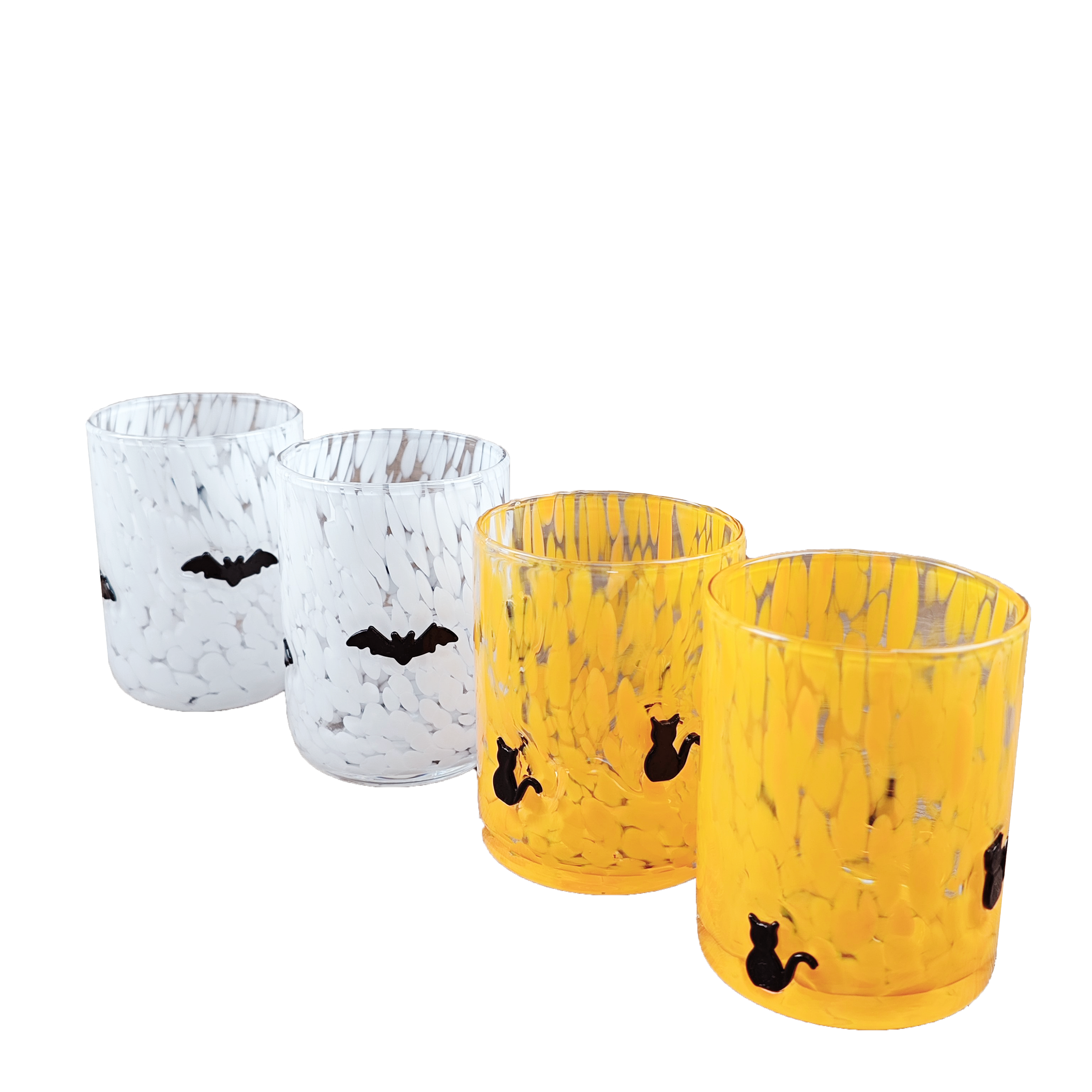 Vibrant Yellow Textured Glass Candle Holder with Black Cat Accents - Halloween Decor