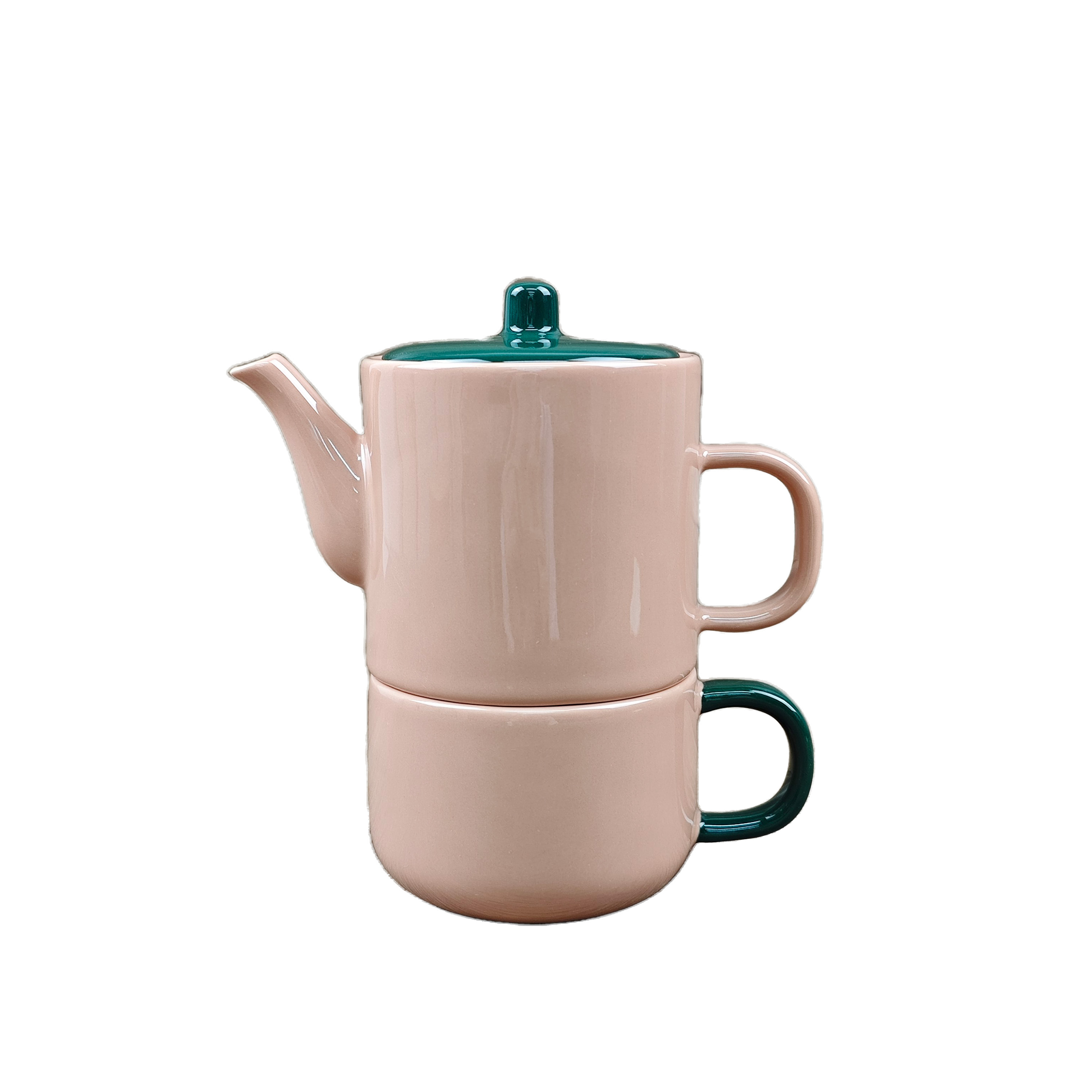 Pastel Pink Ceramic Teapot and Cup Set with Teal Accents - Minimalist Tea Service