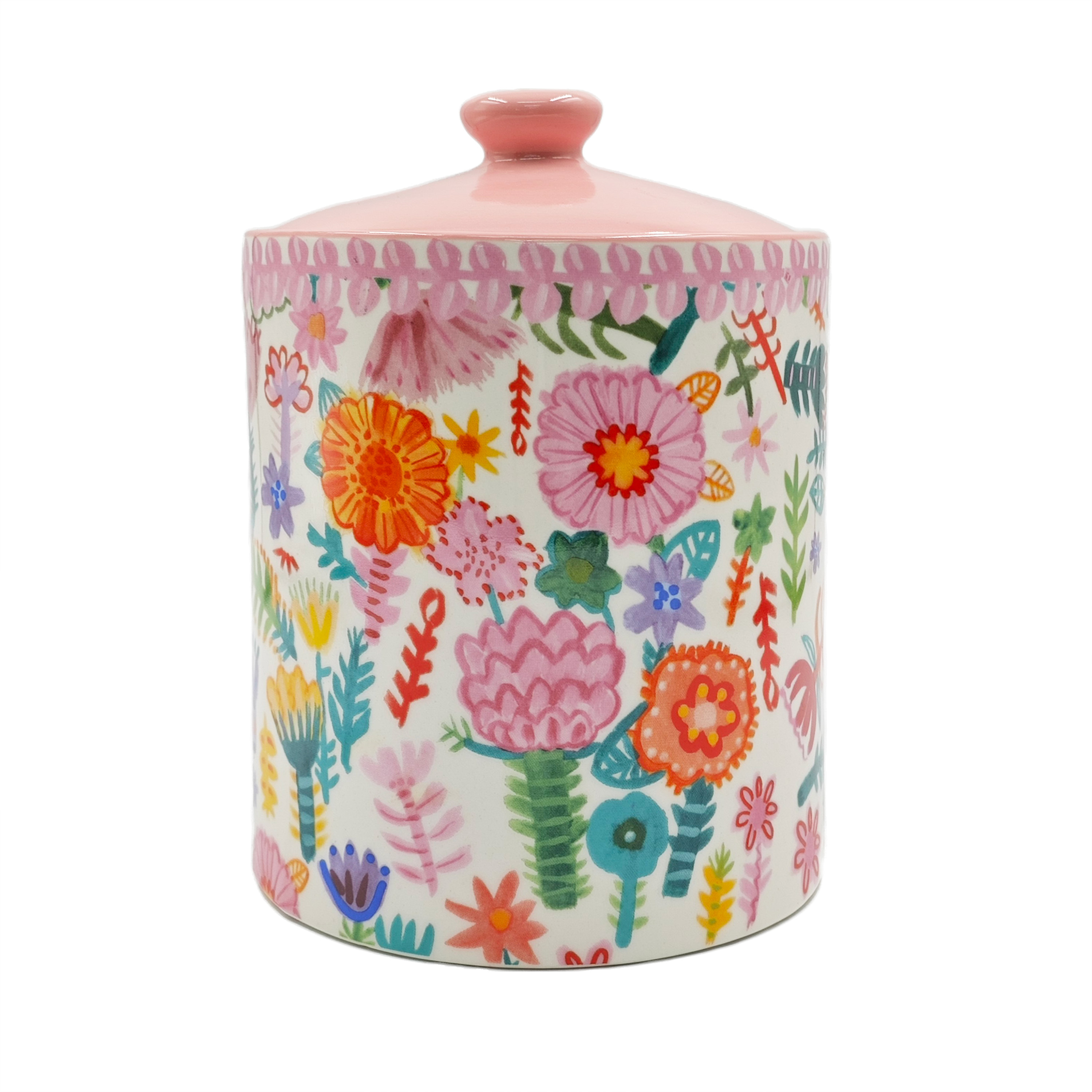 Floral Print Ceramic Storage Jar with Pink Lid