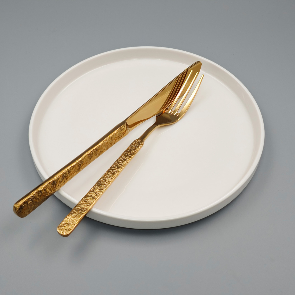 Gold - Plated Cutlery Set with Blue Glitter Handles - Elegant Tableware