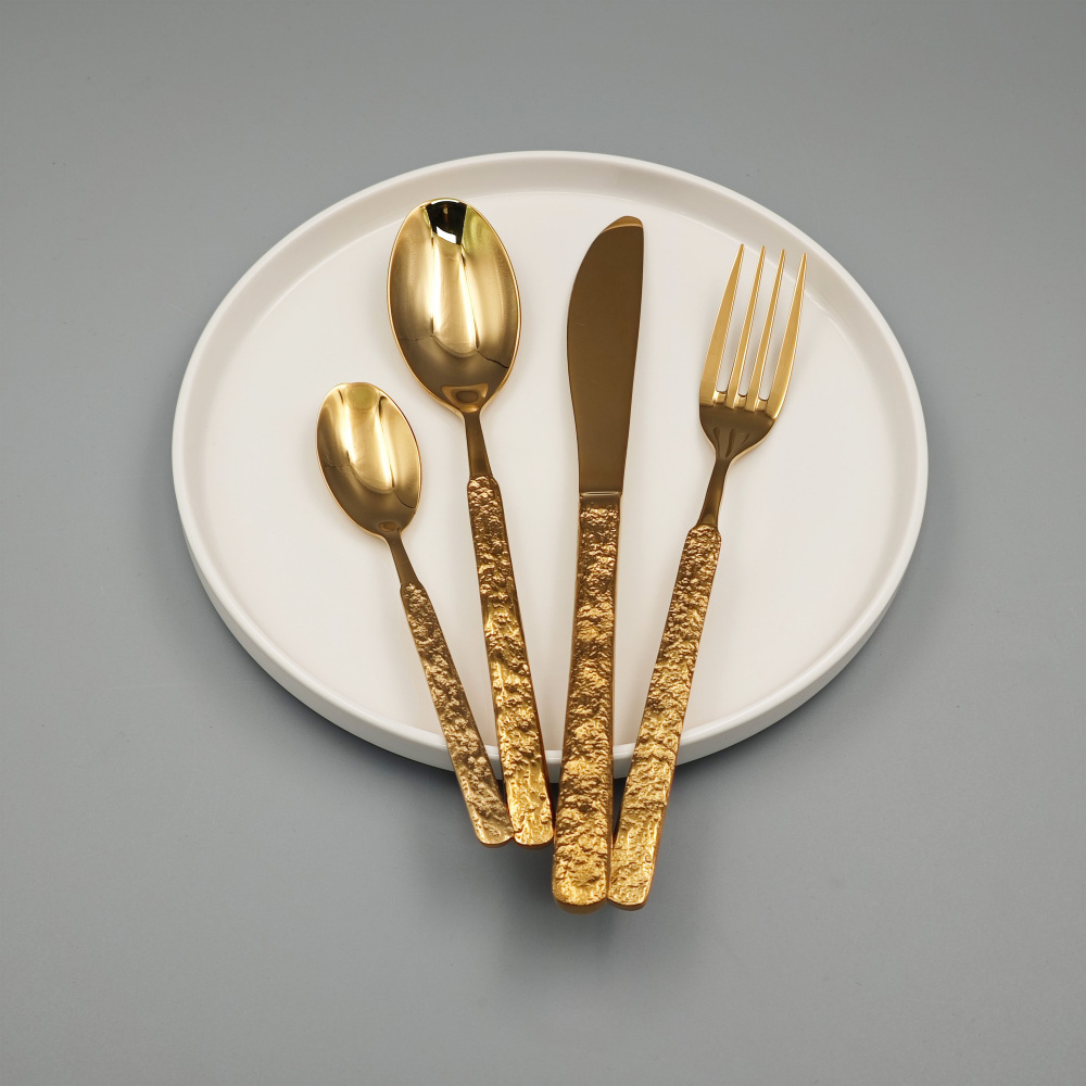 Gold - Plated Cutlery Set with Blue Glitter Handles - Elegant Tableware