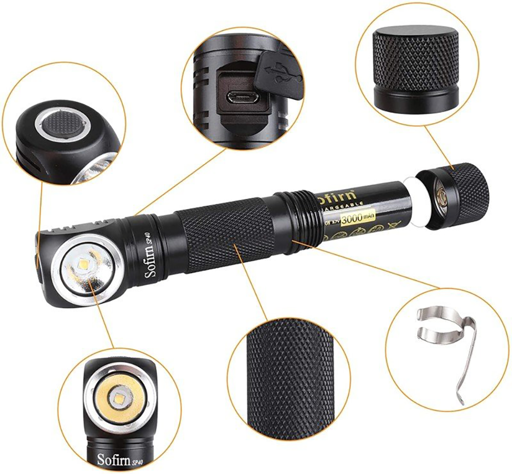 Sofirn SP40 1200lm Налобный фонарь XPL LED,18650 Type C перезаряжаемый фонарик 5000K с индикатором мощности, Магнитный хвост