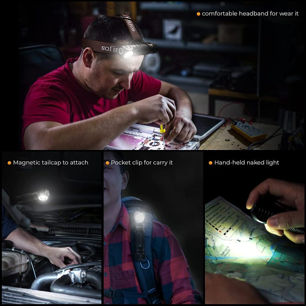 Sofirn SP40 1200lm Налобный фонарь XPL LED,18650 Type C перезаряжаемый фонарик 5000K с индикатором мощности, Магнитный хвост