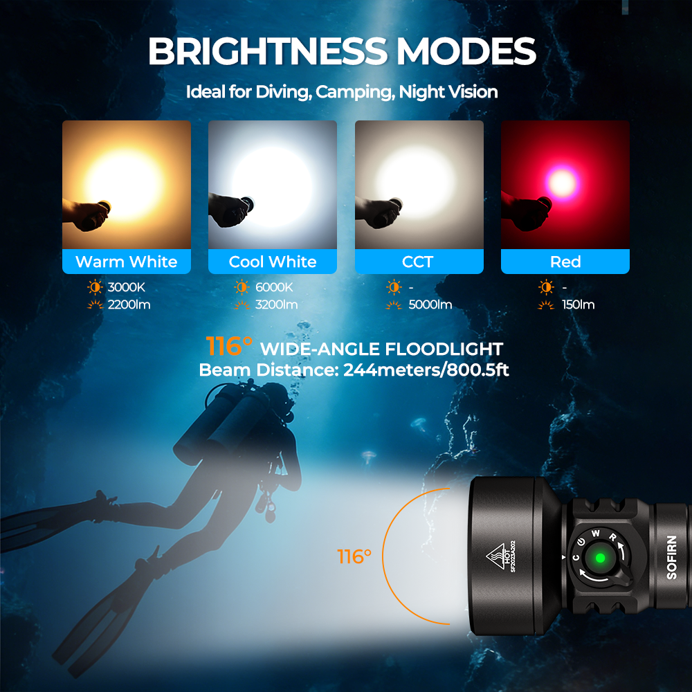 SOFIRN SD11 5000lm Водолазный фонарик 3000K-6000K Теплый и холодный свет красный свет 3 в 1 26800 Перезаряжаемый фонарик 100 метров под водой