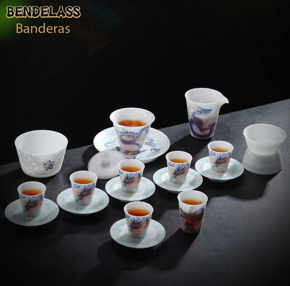 Ice Jade Porcelain Kung Fu Tea Set Year of the Dragon Forbidden City Cultural Creation High-end White Porcelain Covered Bowl Tea Cup Light Luxury Gift Set