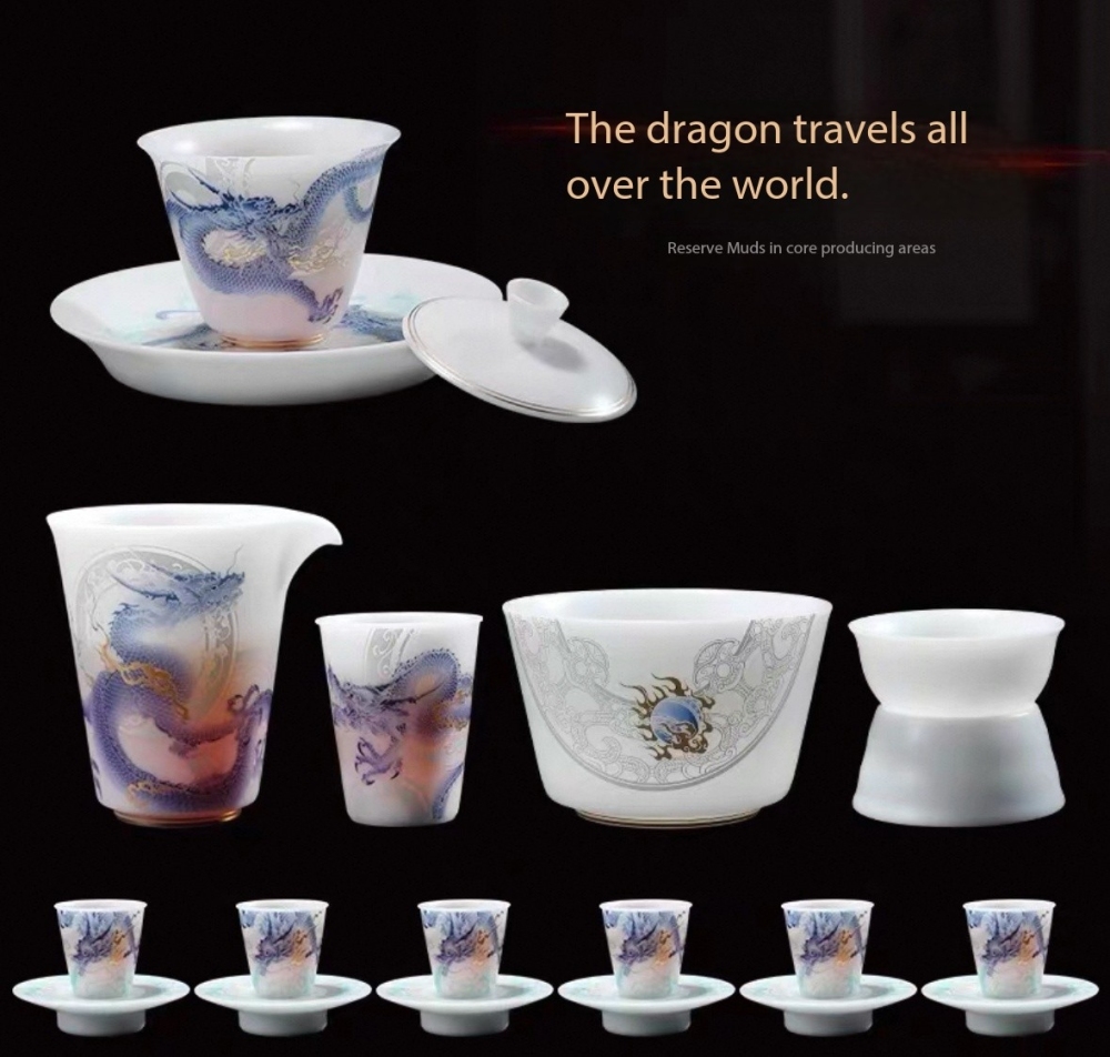 Ice Jade Porcelain Kung Fu Tea Set Year of the Dragon Forbidden City Cultural Creation High-end White Porcelain Covered Bowl Tea Cup Light Luxury Gift Set