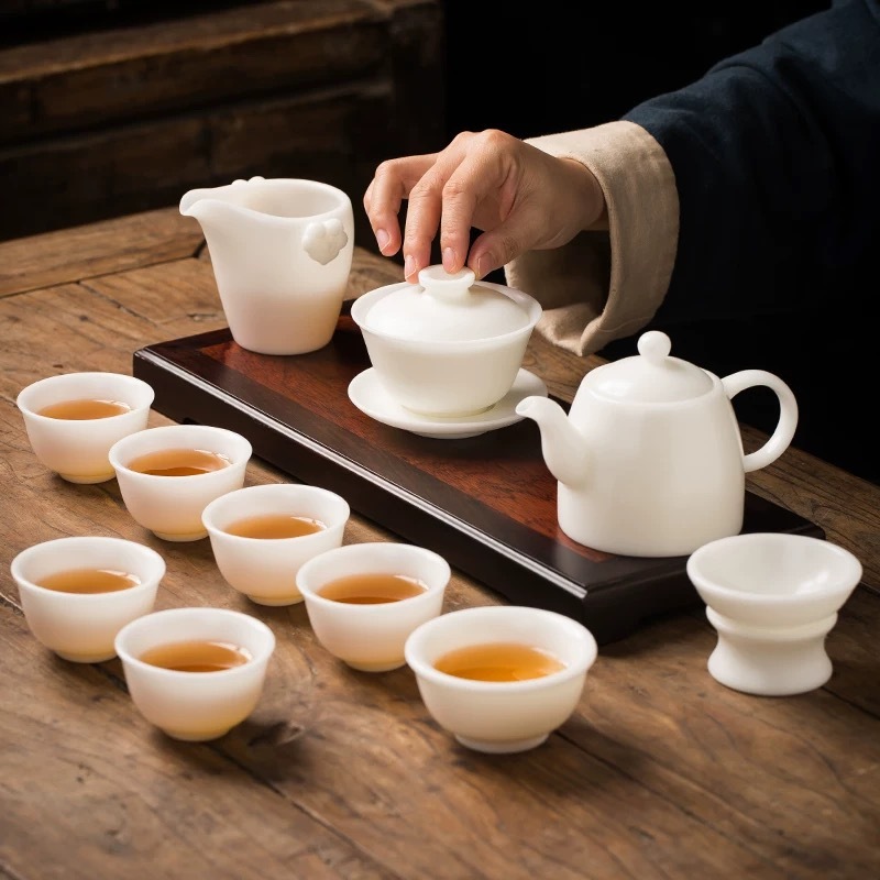 Handmade White Porcelain Sheep Jade Porcelain Premium Tea Set