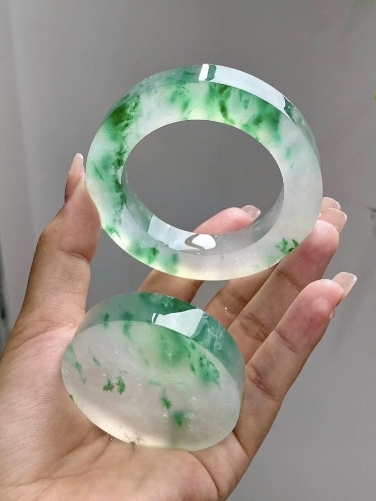 Jadeite bracelet ice natural jade toffee bracelet half mountain half water floating flower