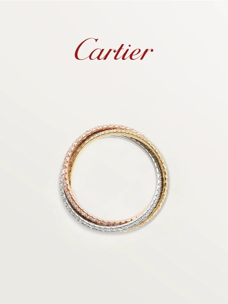 Cartier Trinity ring in rose gold, yellow gold, white gold and diamonds, three rings, small size.