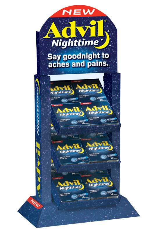 Advil demulcent drug counter top cardboard display rack,POP display stand, custom made display rack manufacturer, Paper Package Boxes, Gift boxes, Shopping bag factory China factory, Sino Printing & Packaging,