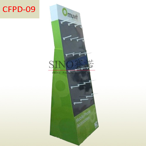 Mobile phone accessories cardboard floor pegs display stand,POP display stand, custom made display rack manufacturer, Paper Package Boxes, Gift boxes, Shopping bag factory China factory, Sino Printing & Packaging,Mobile phone accessories cardboard floor pegs display stand