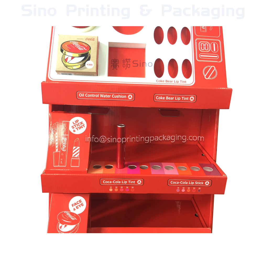 Cosmetics Lip sticks and Tint Eye brow sales promotion and exhibition Cardboard floor display stand,POP display stand, custom made display rack manufacturer, Paper Package Boxes, Gift boxes, Shopping bag factory China factory, Sino Printing & Packaging,Cosmetics Lip sticks and Tint Eye brow sales promotion and exhibition Cardboard floor display stand