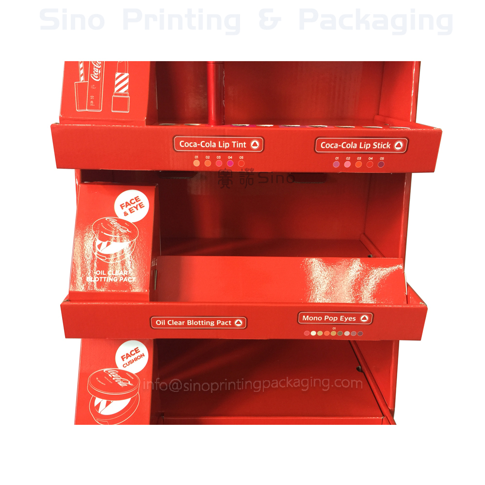Cosmetics Lip sticks and Tint Eye brow sales promotion and exhibition Cardboard floor display stand,POP display stand, custom made display rack manufacturer, Paper Package Boxes, Gift boxes, Shopping bag factory China factory, Sino Printing & Packaging,Cosmetics Lip sticks and Tint Eye brow sales promotion and exhibition Cardboard floor display stand