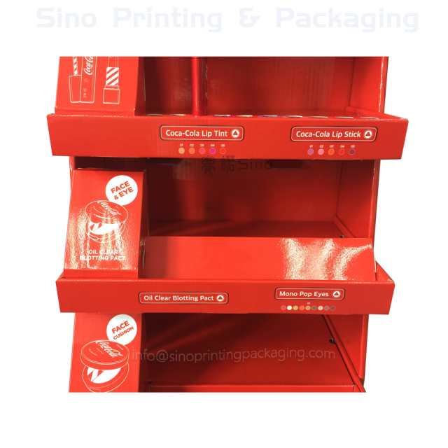 Cosmetics Lip sticks and Tint Eye brow sales promotion and exhibition Cardboard floor display stand,POP display stand, custom made display rack manufacturer, Paper Package Boxes, Gift boxes, Shopping bag factory China factory, Sino Printing & Packaging,Cosmetics Lip sticks and Tint Eye brow sales promotion and exhibition Cardboard floor display stand