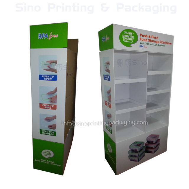 Cardboard floor compartments display rack for lunchboxes,POP display stand, custom made display rack manufacturer, Paper Package Boxes, Gift boxes, Shopping bag factory China factory, Sino Printing & Packaging,Cardboard floor compartments display rack for lunchboxes