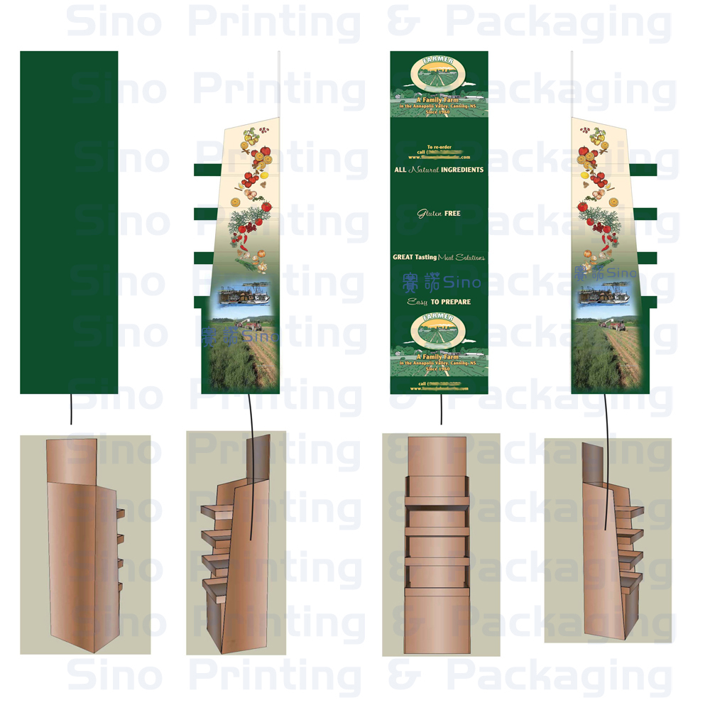 Cardboard 4-shelf floor standing display rack for sales promotion of farm's herbs and seeds,POP display stand, custom made display rack manufacturer, Paper Package Boxes, Gift boxes, Shopping bag factory China factory, Sino Printing & Packaging,Cardboard 4-shelf floor standing display rack for sales promotion of farm's herbs and seeds