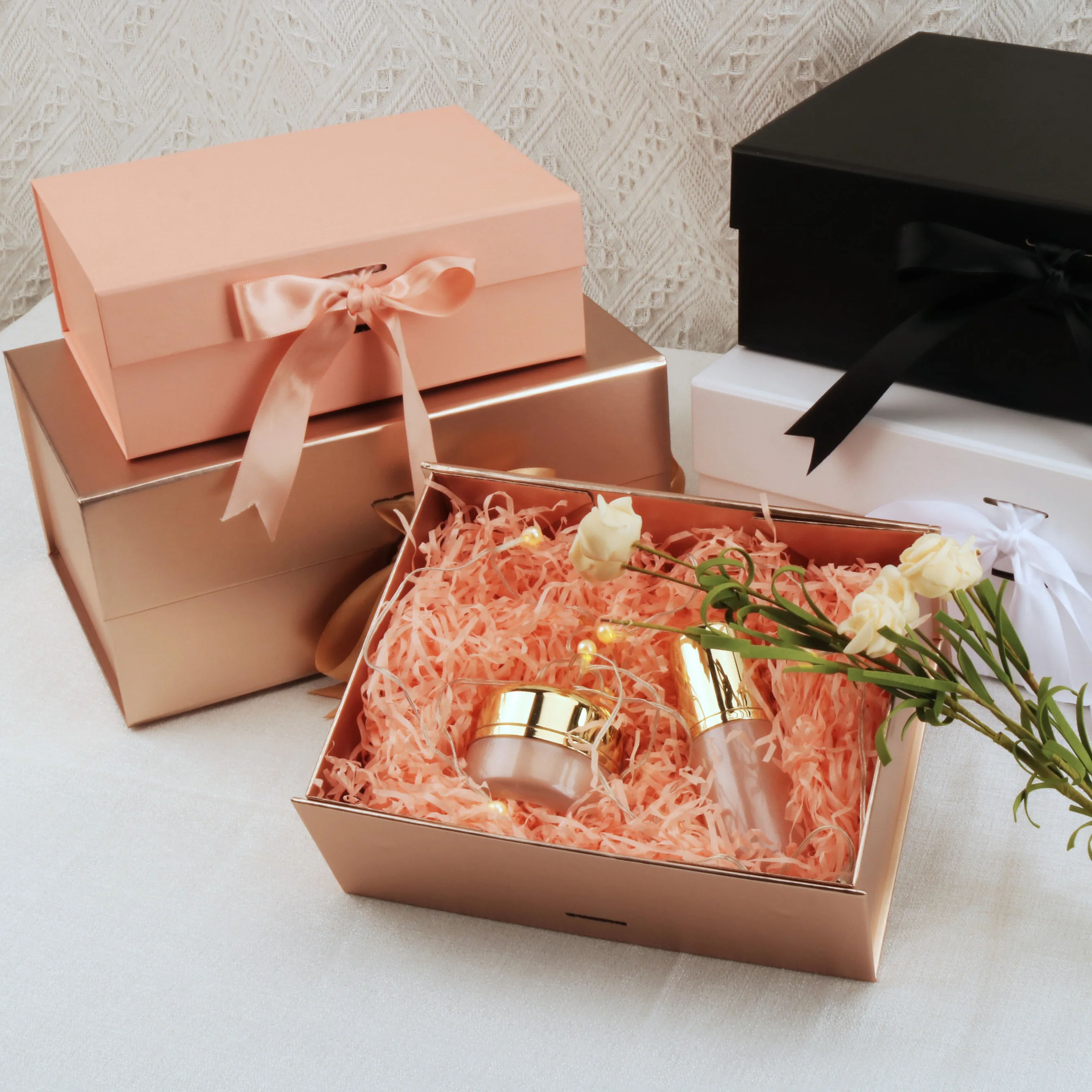 Collapsible Paper Gift Boxes with Ribbon Magnetic Closure
