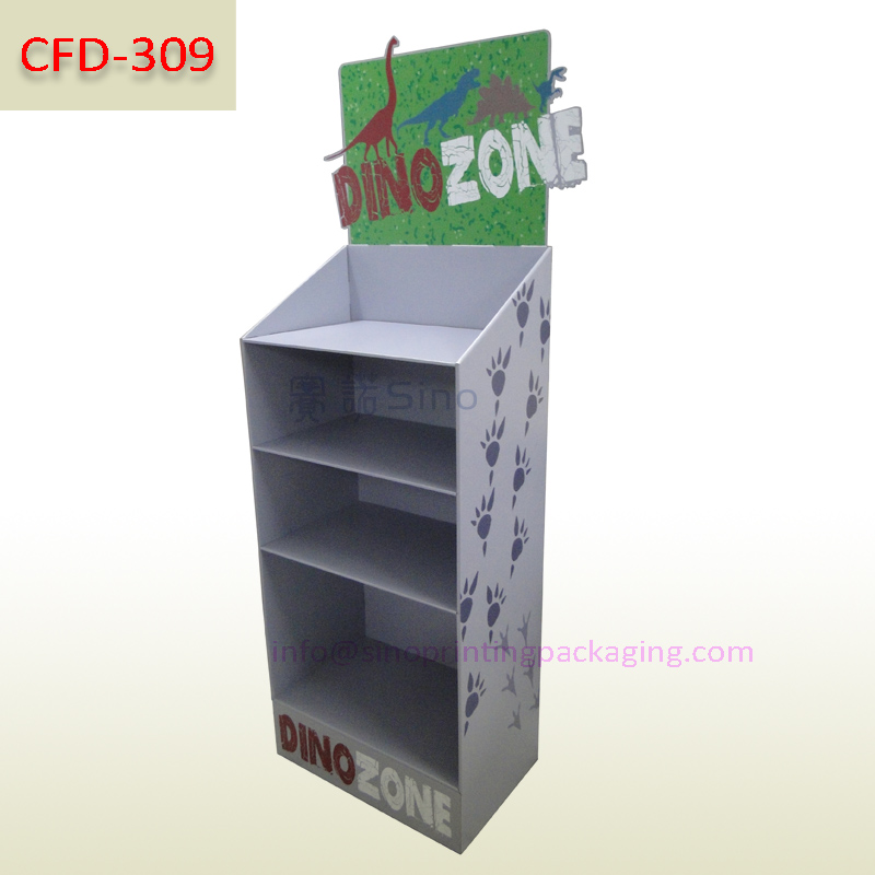 Custom made sales promotional cardboard floor display shelves for toys dinosaur