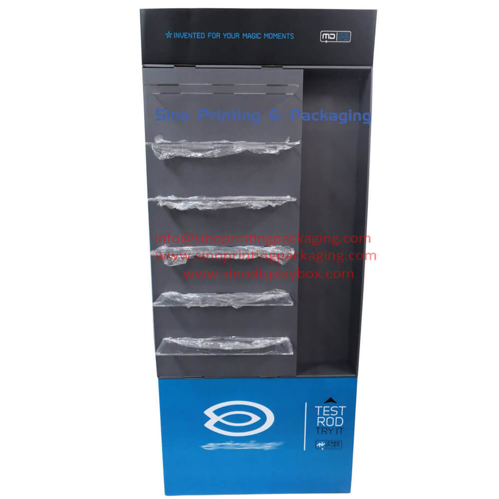 Fishing Equipments and Accessories Sales Promotional Cardboard floor standing display with 6 Acrylic shelves,POP display stand, custom made display rack manufacturer, Paper Package Boxes, Gift boxes, Shopping bag factory China factory, Sino Printing & Packaging,Fishing Equipments and Accessories Sales Promotional Cardboard floor standing display with 6 Acrylic shelves