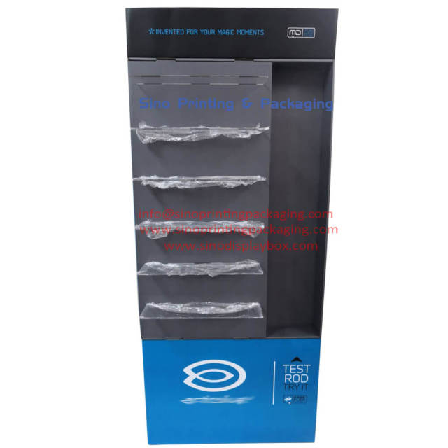 Fishing Equipments and Accessories Sales Promotional Cardboard floor standing display with 6 Acrylic shelves,POP display stand, custom made display rack manufacturer, Paper Package Boxes, Gift boxes, Shopping bag factory China factory, Sino Printing & Packaging,Fishing Equipments and Accessories Sales Promotional Cardboard floor standing display with 6 Acrylic shelves
