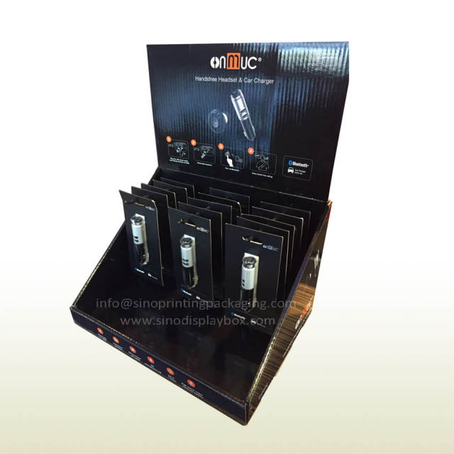 Handsfree Headset and Car Charger retail Cardboard Counter Top 3-peg Display Box,POP display stand, custom made display rack manufacturer, Paper Package Boxes, Gift boxes, Shopping bag factory China factory, Sino Printing & Packaging,Handsfree Headset and Car Charger retail Cardboard Counter Top 3-peg Display Box