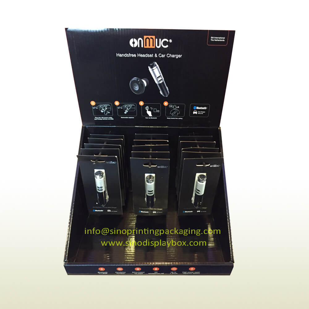 Handsfree Headset and Car Charger retail Cardboard Counter Top 3-peg Display Box,POP display stand, custom made display rack manufacturer, Paper Package Boxes, Gift boxes, Shopping bag factory China factory, Sino Printing & Packaging,Handsfree Headset and Car Charger retail Cardboard Counter Top 3-peg Display Box