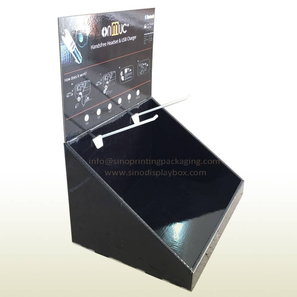 Handsfree Headset and Car Charger retail Cardboard Counter Top 3-peg Display Box,POP display stand, custom made display rack manufacturer, Paper Package Boxes, Gift boxes, Shopping bag factory China factory, Sino Printing & Packaging,Handsfree Headset and Car Charger retail Cardboard Counter Top 3-peg Display Box