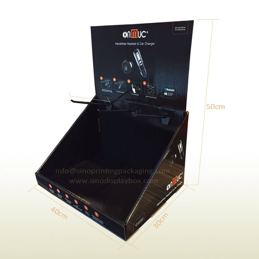 Handsfree Headset and Car Charger retail Cardboard Counter Top 3-peg Display Box,POP display stand, custom made display rack manufacturer, Paper Package Boxes, Gift boxes, Shopping bag factory China factory, Sino Printing & Packaging,Handsfree Headset and Car Charger retail Cardboard Counter Top 3-peg Display Box