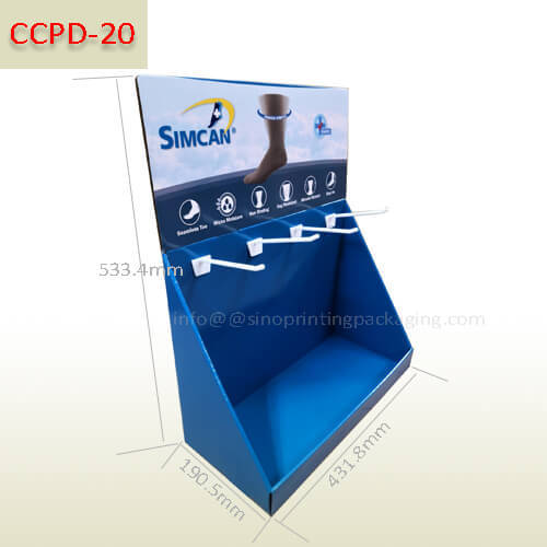 Cardboard countertop peg display for Socks retail in Superstore,POP display stand, custom made display rack manufacturer, Paper Package Boxes, Gift boxes, Shopping bag factory China factory, Sino Printing & Packaging,Socks Superstore retail cardboard counter top peg display