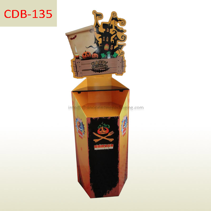 Halloween Cosplay Props Retail Hexagon Cardboard Floor Display Bin,POP display stand, custom made display rack manufacturer, Paper Package Boxes, Gift boxes, Shopping bag factory China factory, Sino Printing & Packaging,Halloween Cosplay Props Retail Hexagon Cardboard Floor Display Bin