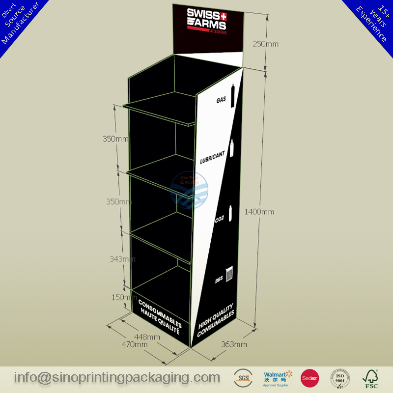 Custom Printed Corrugated Cardboard Floor Standing 4 levels Display rack