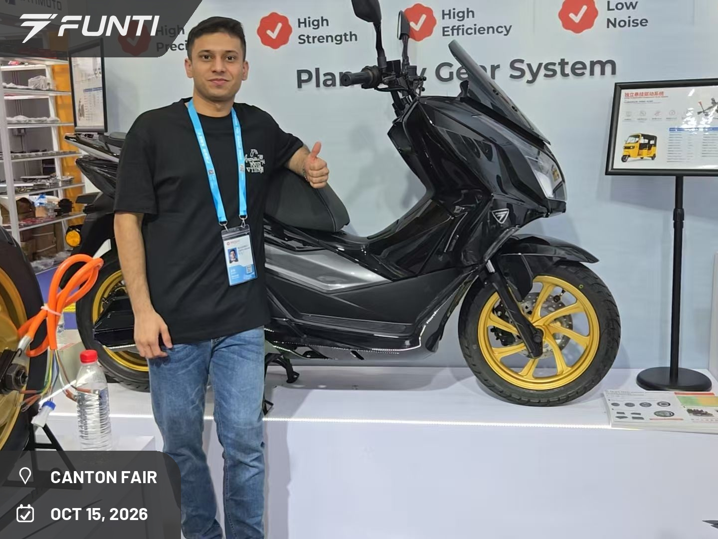 The FUNTI HTX electric scooter with gold wheels on display at the Canton Fair venue, October 2026