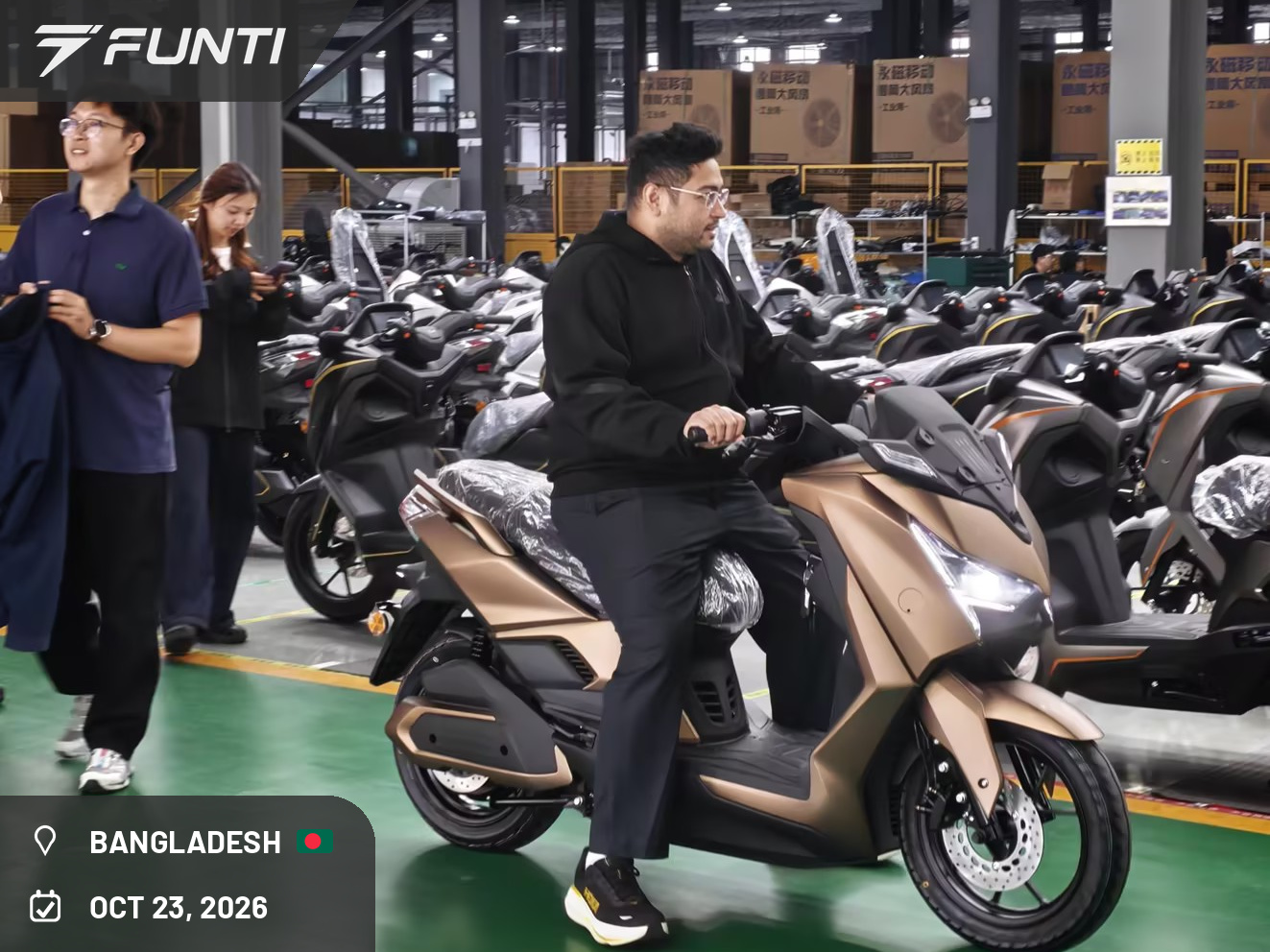 The visiting delegation with the NEXUS electric scooter at the FUNTI factory, Taizhou, October 23, 2026