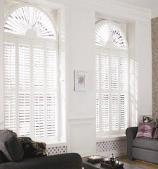 Grey wooden white louver plantation shutters for window and door