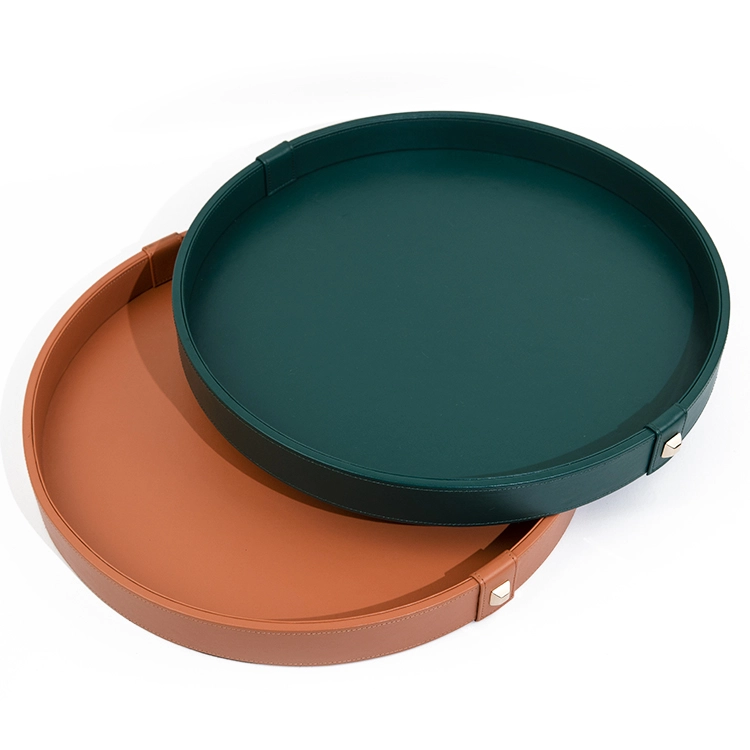 Luxury Ready Stock PU Leather MDF Wooden Serving Tray Round Storage Tray for Hotel Home Decoration With SABER Certificate