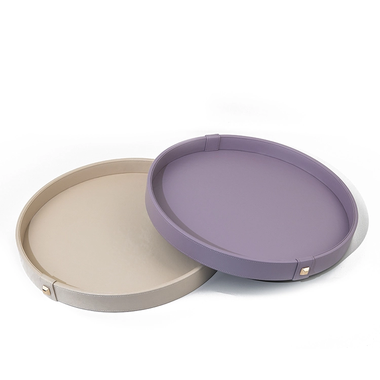 Luxury Ready Stock PU Leather MDF Wooden Serving Tray Round Storage Tray for Hotel Home Decoration With SABER Certificate