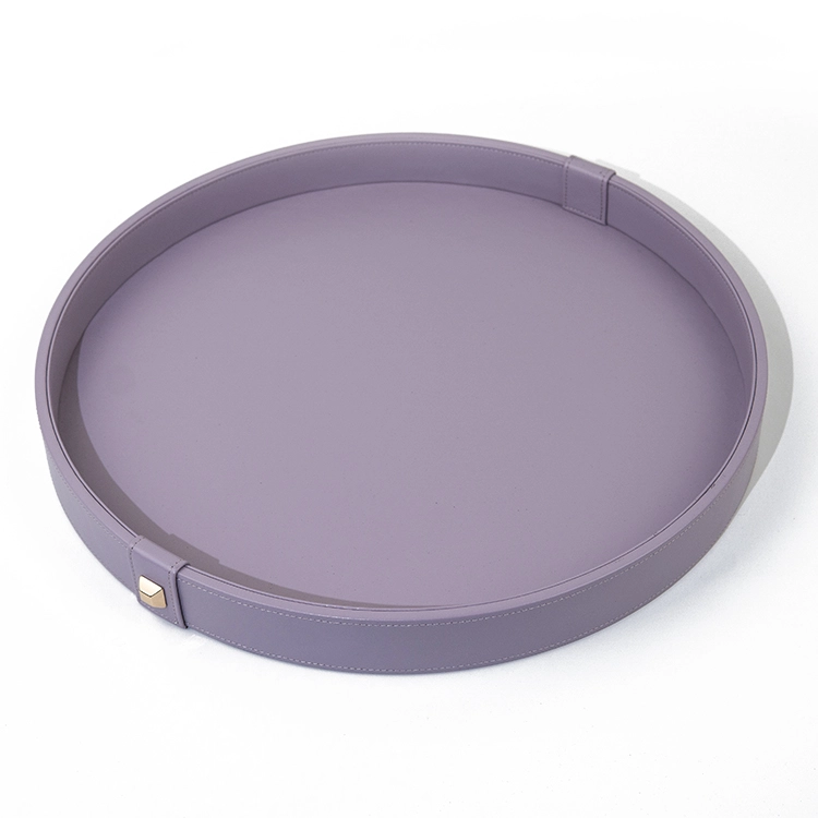 Luxury Ready Stock PU Leather MDF Wooden Serving Tray Round Storage Tray for Hotel Home Decoration With SABER Certificate