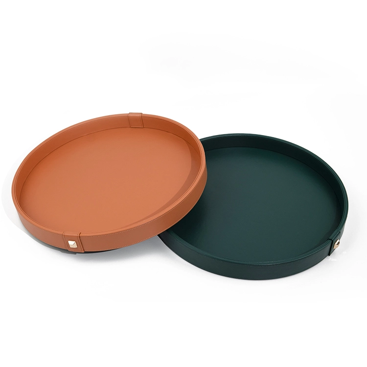 Luxury Ready Stock PU Leather MDF Wooden Serving Tray Round Storage Tray for Hotel Home Decoration With SABER Certificate