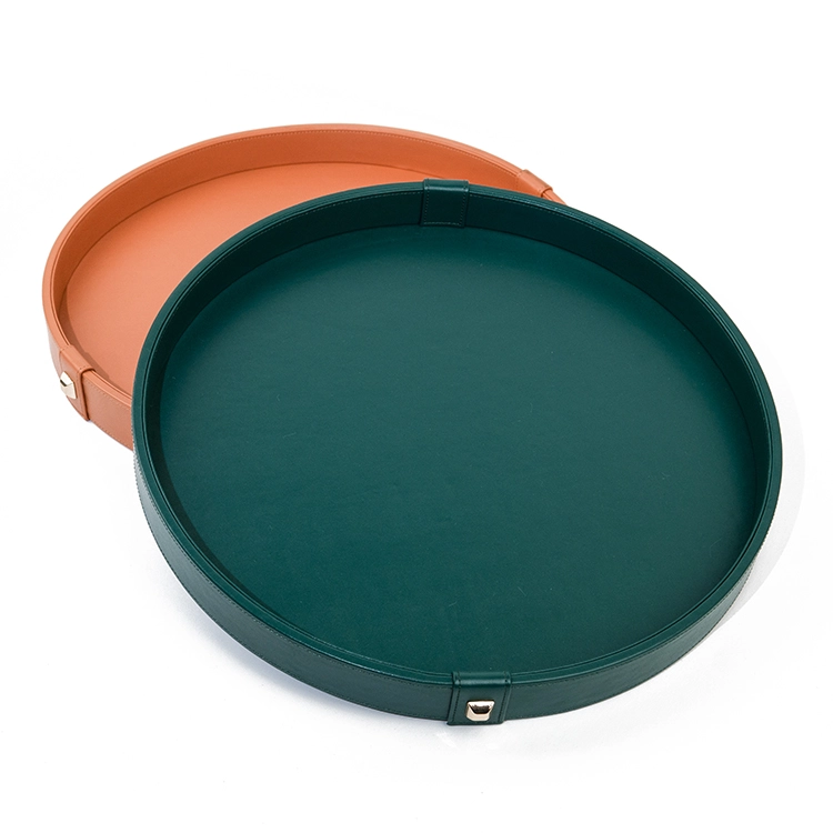 Luxury Ready Stock PU Leather MDF Wooden Serving Tray Round Storage Tray for Hotel Home Decoration With SABER Certificate