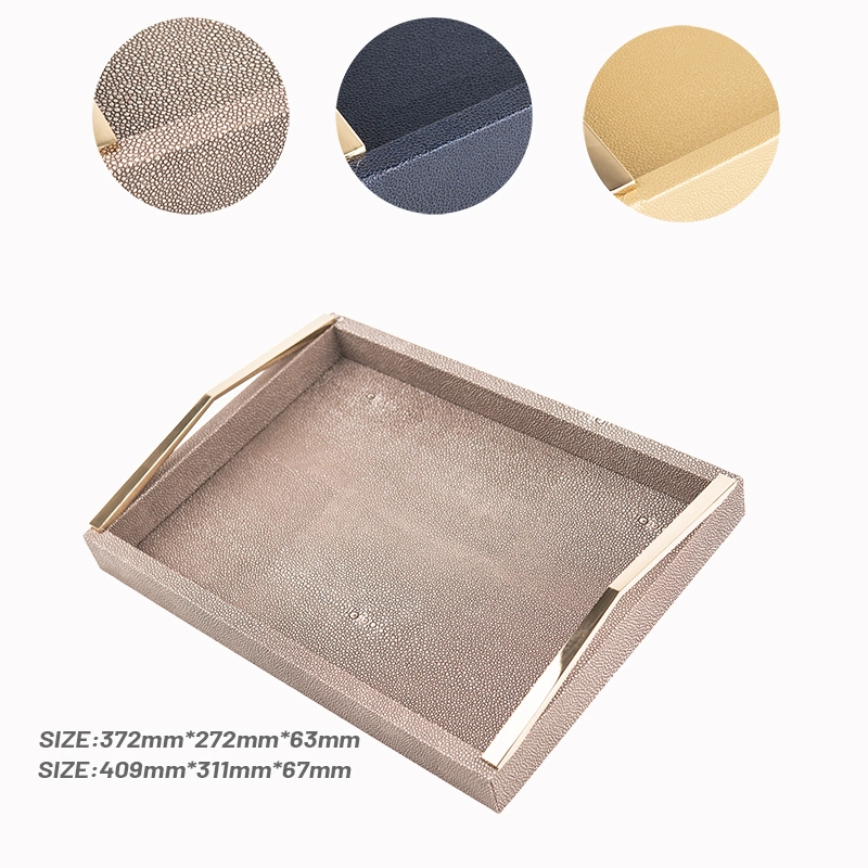 MDF Wooden Serving Tray PU Leather Tray Jewelry Dresser Kitchen Tray With Gold Handles With SABER Certificate