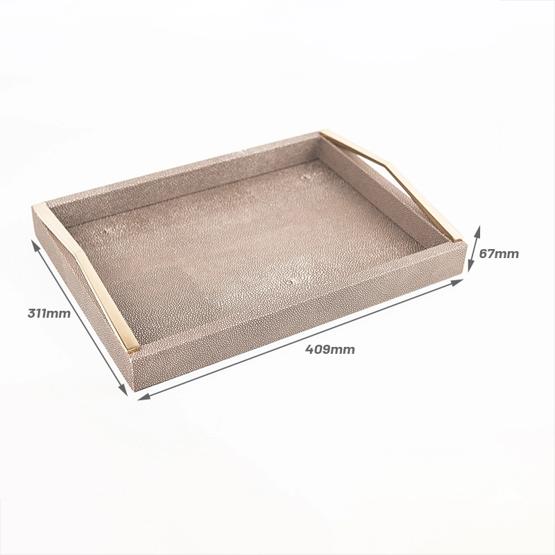MDF Wooden Serving Tray PU Leather Tray Jewelry Dresser Kitchen Tray With Gold Handles With SABER Certificate