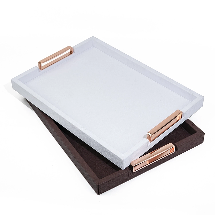 Custom Luxury Wooden + PU Leather Trays Serving MDF Wooden Rectangular Serving Tray with Handles With SABER Certificate