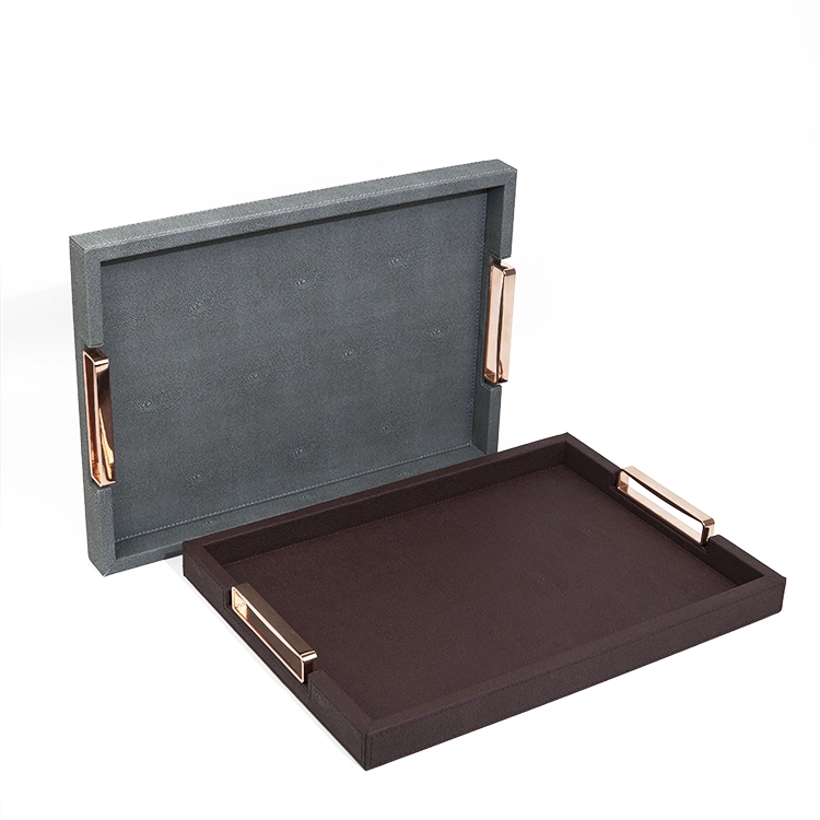 Custom Luxury Wooden + PU Leather Trays Serving MDF Wooden Rectangular Serving Tray with Handles With SABER Certificate