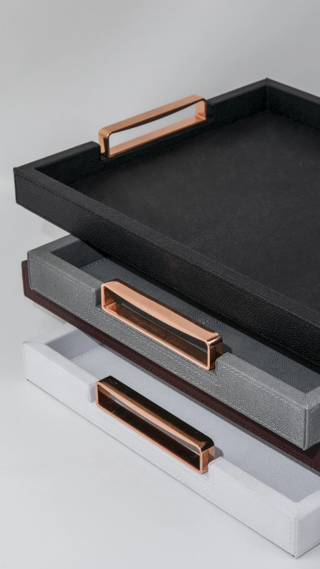 Custom Luxury Wooden + PU Leather Trays Serving MDF Wooden Rectangular Serving Tray with Handles With SABER Certificate