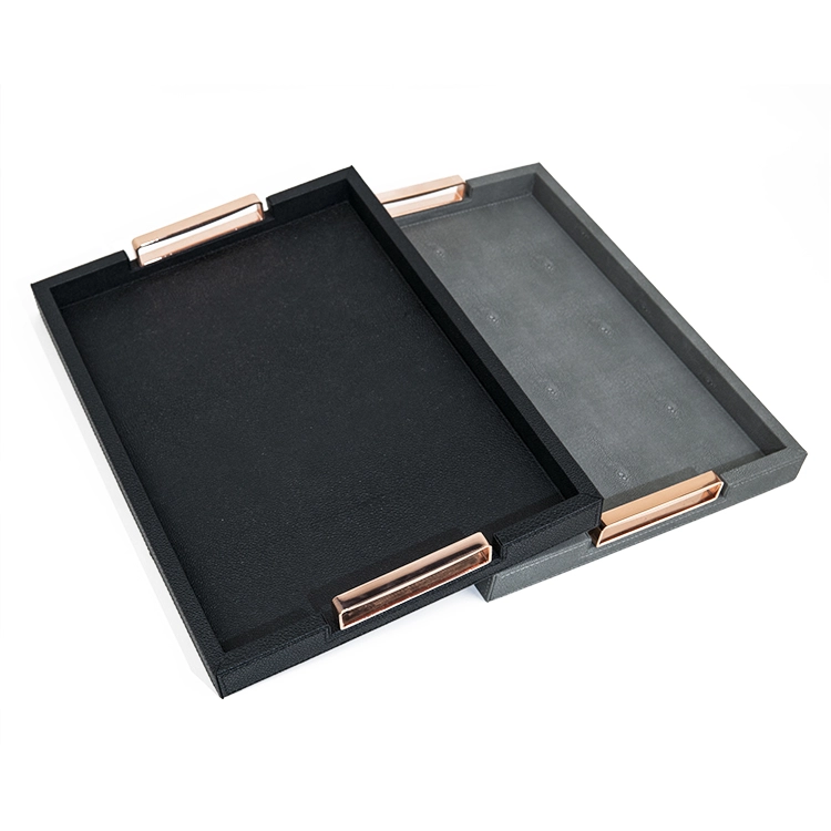 Custom Luxury Wooden + PU Leather Trays Serving MDF Wooden Rectangular Serving Tray with Handles With SABER Certificate