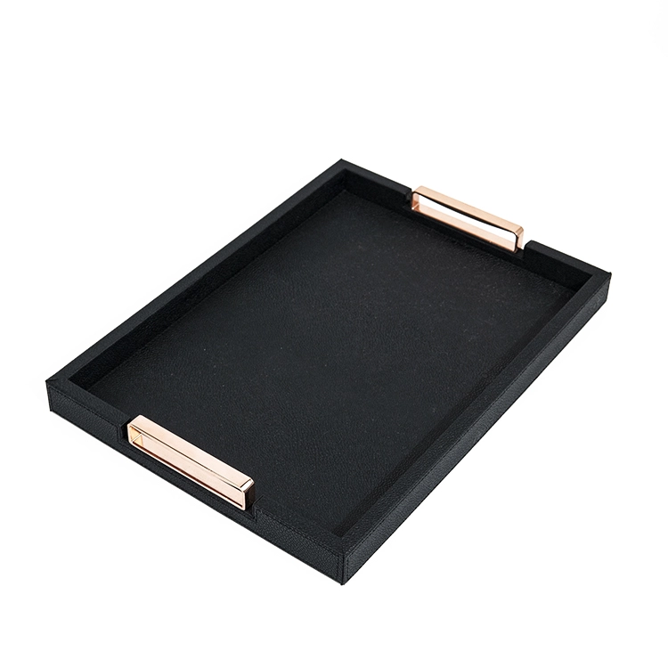 Custom Luxury Wooden + PU Leather Trays Serving MDF Wooden Rectangular Serving Tray with Handles With SABER Certificate