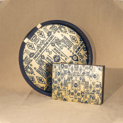 GOLD FOIL SILK SCREEN CAVIAR PATTERN ROUND TRAY & WOODEN BOX