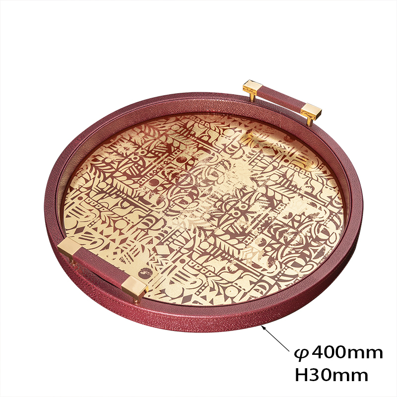 GOLD FOIL SILK SCREEN CAVIAR PATTERN ROUND TRAY & WOODEN BOX